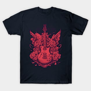 Electric guitar & roses pixel art red T-Shirt